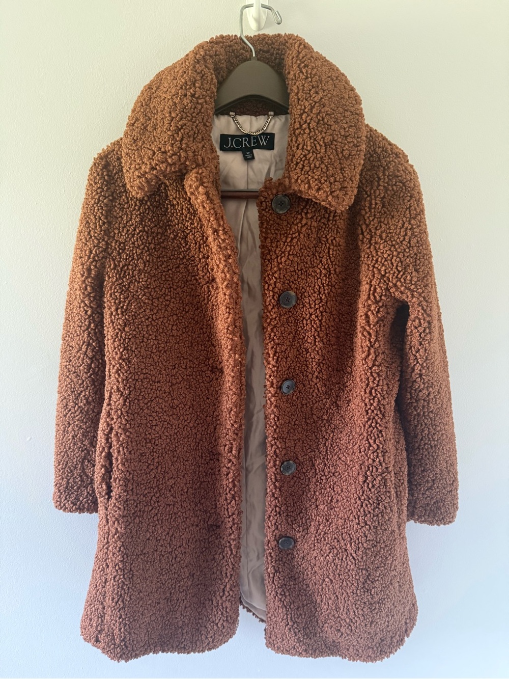 J. Crew Women's Brown Teddy Coat with Button Front Size MP Very Good Condition